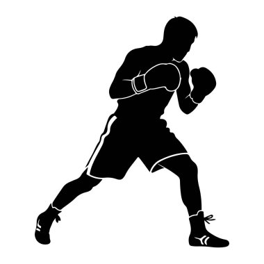 Dövüşen bir erkek boksörün siyah silueti. Boks eldiveni, şort ve yüksek topuklu boks ayakkabısı giyiyor. Şekil, dinamik duruşu ve atletik biçimi vurgulayan düz beyaz bir arkaplan üzerine resmedilmiştir..