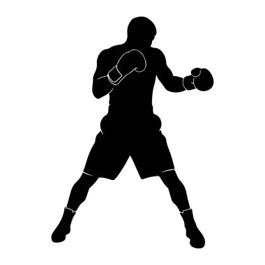 Siyah bir boksör silueti beyaz bir arka plana karşı savaşıyor. Boksör boks eldiveni ve şort giyiyor. Silüet ayrıntılı, sporcunun kaslı yapısını ve dinamik duruşunu gösteriyor. Görüntü bir duyu iletir