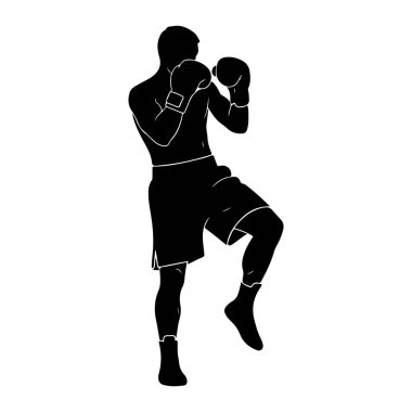 Dinamik bir dövüş duruşu içinde bir erkek boksörün siyah silueti. Bir dizi havada boks eldiveni ve şort giyiyor. Görüntü, beyaz bir arkaplana karşı basit ve temiz bir illüstrasyondur, atletik formu ve acti için hazırlık