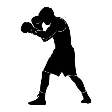 Beyaz bir arka plana karşı savaşan bir boksörün siyah silueti. Boksör boks eldiveni ve şort giyiyor ve yumrukları savunma ya da hücum pozisyonu alıyor. Boksör formunun ana hatları açıkça belirtilmiş, vurgulanmış.
