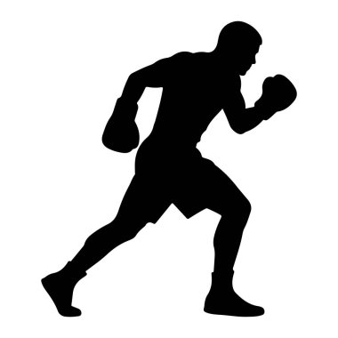 Boks eldiveni ve şort giymiş, orta basamaklı siyah bir boksör silueti. Şekil dinamik bir pozla yakalanır, hareket ve hareket izlenimi verir. Arka plan düz beyaz, siyah siluetin katıksız kontrastını vurguluyor..