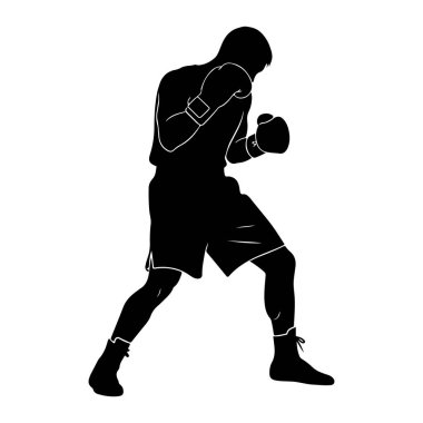 Dövüş duruşu yapan bir boksörün siyah silueti beyaz bir arkaplanda tasvir edilir. Boksör boks eldiveni ve şort giyiyor. Vücutları sanki saldırıya ya da savunmaya hazırlanıyormuş gibi öne bakıyor. Şeklin ana hatları keskin ve ince.