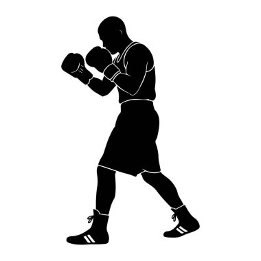 Dövüş pozisyonunda siyah bir boksör silueti. Boksör boks eldiveni, kolsuz tişört, şort ve boks ayakkabısı giyiyor. Profilde tasvir edilen figür, sola dönük ve kolları savunma veya hücum duruşunda kaldırılmış olarak tasvir ediliyor. Arka plan plai.