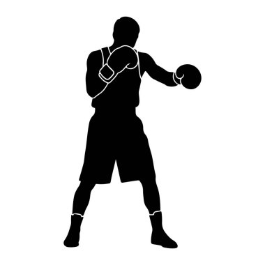 Siyah bir erkek boksör silueti dövüş pozisyonunda duruyor. İki elinde de boks eldiveni var ve vurmaya hazır görünüyor. Boksör belden yukarı doğru tasvir edilir, kolları öne doğru ve vücudu açılıdır. Görüntü basit.,