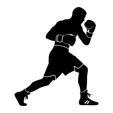 Dövüş duruşu yapan bir boksörün siyah silueti beyaz bir arkaplanda tasvir edilir. Boksör boks eldiveni ve şort giyiyor, ayaklarında spor ayakkabıları var. Şekil dinamik bir pozla yakalanır, hareket ve hazırlık durumu gösterir.