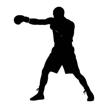 Siyah bir siluet, beyaz bir arka plana yumruk atan bir erkek boksör silueti. Boksör boks eldiveni ve şort giyiyor ve sol kolu bir yumruk ile öne doğru uzanıyor. Duruşu geniş ve dengeli, bu da savaşa hazır olduğunu gösteriyor. Görüntü bir c