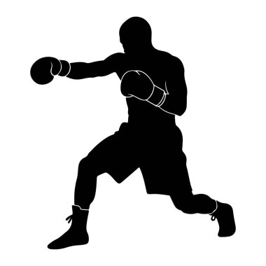 Yumruğun ortasında siyah bir boksör silueti. Boksör boks eldiveni ve şort giyiyor, ayakkabılarında da bağcıklar var. Şekil dinamik bir pozla yakalanır, hareket ve hareket izlenimi verir. Arkaplan düz beyaz.