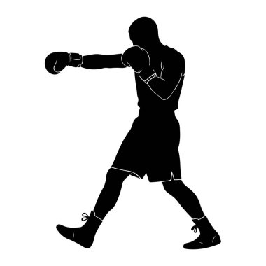 Beyaz bir arka plana yumruk atan siyah bir boksör silueti. Boksör boks eldiveni, şort ve yüksek topuklu ayakkabı giyiyor. Boksör formunun ana hatları keskin ve belirgindir. İnce beyaz çizgiler eldivenlerin kenarlarını gösterir.