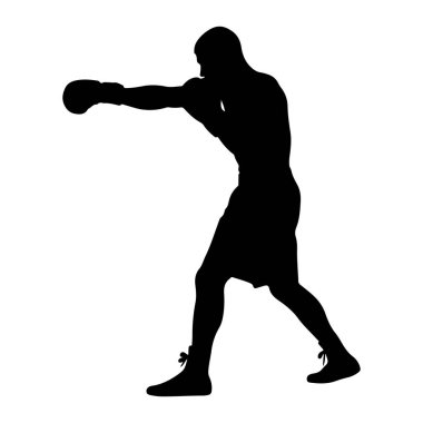 Siyah bir siluet, beyaz bir arka plana yumruk atan bir erkek boksör silueti. Boksör boks eldiveni ve şort giyiyor, ayakkabılarında bağcıklar var. Vücudu açılı, yumruğun hareketini ve gücünü gösteriyor..
