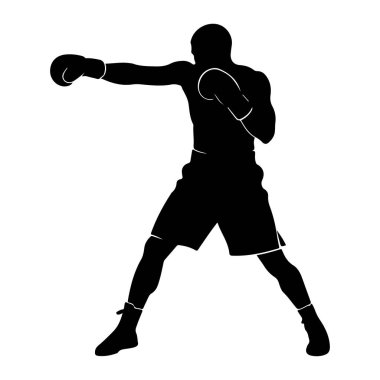 Siyah bir boksör silueti dinamik bir pozda, sağ kollarını ileri doğru uzatarak yumruk atıyor. Boksör boks eldiveni ve şort giyiyor, bacakları dövüş pozisyonunda açık. Resim beyaz bir arkaplanda izole edilmiştir.