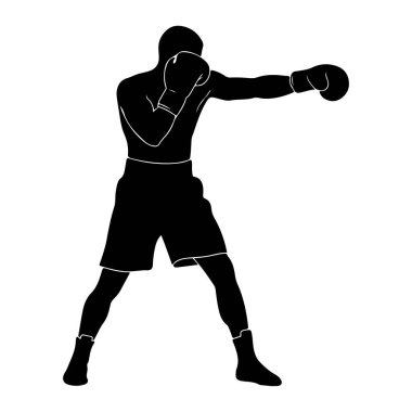Beyaz bir arka plana yumruk atan siyah bir boksör silueti. Boksör boks eldiveni ve şort giyiyor, kararlı bir duruşu ve kolu önde. Şeklin ana hatları keskin ve tanımlı..