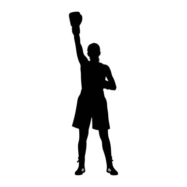 Bir boksörün siyah silueti, tek kolu havada, boks eldiveni ve şortuyla duruyor. Bu figür beyaz bir arkaplanda izole edilmiş, atletik bir yetenek ve zafer hissi taşıyor..