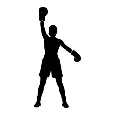 Boks kıyafeti giymiş siyah bir siluet, tek kolu zafer pozu vermiş, yumruğunu boks eldivenine sıkıştırmış bir şekilde ayakta duruyor. Diğer kolu dirseğinde bükülmüş, elinde de eldiven var. Şort ve çizme giyer, bacakları açıktır.