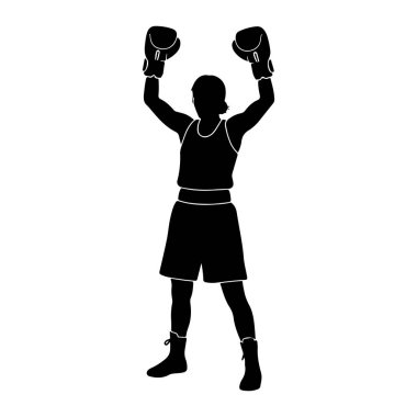 Siyah bir boksör silueti kollarını başının üstüne kaldırmış, boks eldiveni, kolsuz bluz, şort ve çizme giyiyor. Beyaz bir arkaplana karşı kutlama ya da zafer pozu almış gibi görünüyor..