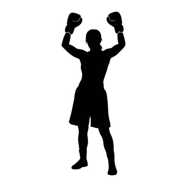 Siyah bir boksör silueti kollarını başlarının üstüne kaldırmış, boks eldivenleri giymiş. Boksör şort giyiyor ve beyaz bir arka plana karşı zafer kazanmış gibi görünüyor. Görüntü bir zafer ve atletizm hissi veriyor.