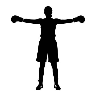 Siyah bir siluet, kollarını iki yana açıp boks eldiveni takan bir kişi. Figürde atletik şortlar ve ayakkabılar giyiliyor ve saçları arkaya çekiliyor. Siluet beyaz bir arkaplanda izole edilmiş.