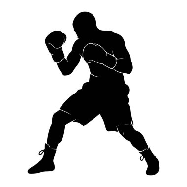 Beyaz bir arka plana karşı savaşan bir boksörün siyah silueti. Boksör boks eldiveni ve şort giyiyor, yumrukları havada ve bacakları savaşa hazır. Görüntü, sporun katıksız bir grafik temsilidir..