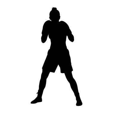 Siyah bir siluet. Dövüş pozisyonunda bir kişi. Muhtemelen bir boksör. Şekil şort giyiyor ve ellerini savunma pozisyonu veya hücum pozisyonu almış gibi görünüyor. Siluet beyaz bir arkaplanda izole edilmiş..