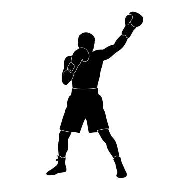 Dövüş pozisyonunda siyah bir boksör silueti. Boksör boks eldiveni ve şort giyer, bir kolu havada ve diğeri bükük. Şekil, düz beyaz bir zıtlık yaratıyor. Boksörün ana hatları net bir şekilde belirlenmiştir.