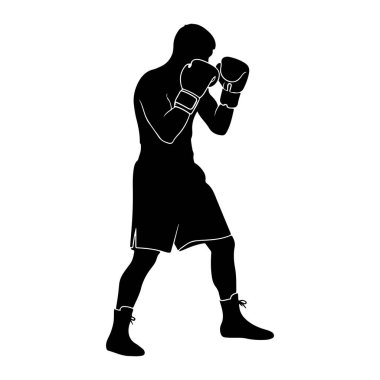 Dövüşen bir erkek boksörün siyah silueti. O boks eldiveni ve şort giyiyor, savunmada yumruklarını kaldırmış. Resim beyaz bir arkaplanda izole edilmiştir.