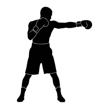 Yumruğun ortasında siyah bir erkek boksör silueti. O boks eldiveni ve şort giyiyor ve duruşu aktif bir duruşu gösteriyor. Arkaplan düz beyaz.