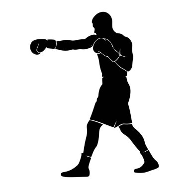 Yumruğun ortasında siyah bir erkek boksör silueti. Boks eldiveni, şort ve çorap giyiyor. Şekil dinamik bir pozla tasvir edilmiş, hareket ve eylemi işaret ediyor. Arkaplan düz beyaz, deneği izole ediyor..