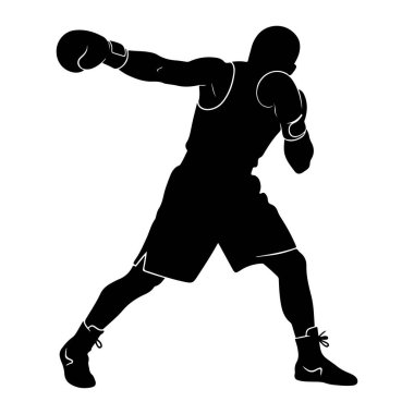 Siyah bir boksör silueti, boks eldivenleri, şortlar ve yüksek topuklu ayakkabılar giyiyor. Şekil dinamik bir pozla tasvir edilmiş, hareket ve eylemi işaret ediyor. Giysilerin ana hatları ince beyaz çizgilerle işaretlenmiş. Geri kafalı.