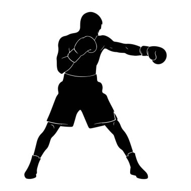 Yumruğun ortasında siyah bir boksör silueti. Boksör geniş bir duruşla boks eldiveni ve şort giyiyor. Görüntü, beyaz arka planda siyahın, sporun dinamik eylemini vurgulayan katıksız bir karşıtlığıdır..