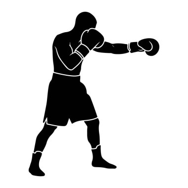 Beyaz bir arka plana yumruk atan siyah bir boksör silueti. Boksör boks eldiveni ve şort giyiyor. Vücutları dinamik bir duruşa sahip. Şeklin ana hatları temiz ve keskindir, atletizm formunu ve... 