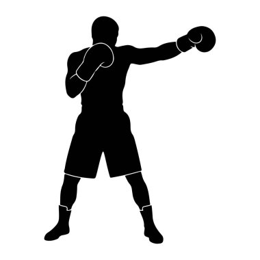 Beyaz bir arka plana yumruk atan siyah bir boksör silueti. Boksör boks eldiveni, şort ve çorap giyiyor. Duruş dinamik, dövüş ya da antrenmanda aktif bir an olduğunu gösteriyor..