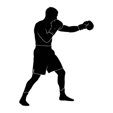 Yumruğun ortasında boks eldiveni, şort ve çorap giymiş siyah bir boksör silueti. Şekil, dinamik duruşu ve atletik biçimi vurgulayan düz beyaz bir arkaplan üzerine tasvir edilmiştir. Boksörün ana hatları net ve net.