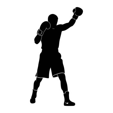 Beyaz bir arka plana yumruk atan siyah bir boksör silueti. Boksör boks eldiveni ve şort giyiyor, bir kolu yumruk hareketinde ileri uzanıyor ve diğer kolu da savunmada yükseliyor. Silüet açıkça atletizmi gösteriyor.