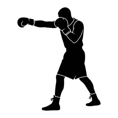 Yumruğun ortasında siyah bir boksör silueti. Boksör boks eldiveni, şort ve bağcıklı ayakkabı giyer. Şekil dinamik bir pozla tasvir edilmiş, hareket ve eylemi işaret ediyor. Boksörün ana hatları düz beyaz arka plana karşı keskindir..