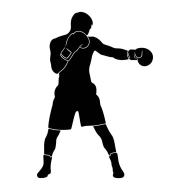 Yumruğun ortasında siyah bir boksör silueti. Boksör boks eldiveni ve şort giyiyor, kararlı bir duruşu var. Görüntü, sporun eylem ve biçimini vurgulayan beyaz bir arkaplan karşısında basit, katıksız bir illüstrasyondur..
