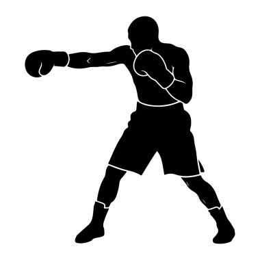 Yumruğun ortasında siyah bir erkek boksör silueti. Boks eldiveni ve şort giyiyor, vücudu dinamik bir duruşla. Resim, beyaz arkaplanı olan basit bir grafik çizimi..