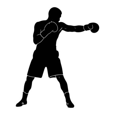 Beyaz bir arka plana yumruk atan siyah bir boksör silueti. Boksör ayaklarında çoraplarla boks eldiveni ve şort giyiyor. Duruş dinamik, ileri yönde güçlü bir hareket olduğunu gösteriyor. Şeklin ana hatları net bir şekilde tanımlanmıştır, e