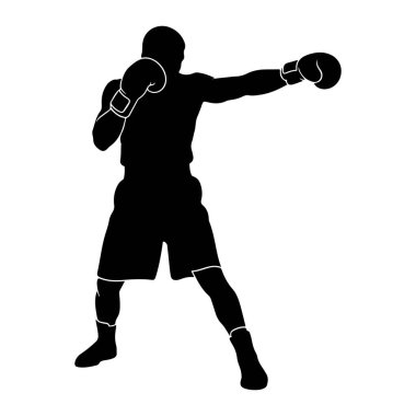 Yumruğun ortasında siyah bir erkek boksör silueti. Boks eldiveni ve şort giyiyor, vücudu dövüş pozisyonunda. Görüntü siyah beyaz, sporun dinamik hareketini vurguluyor..