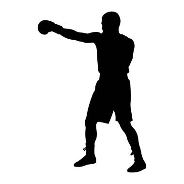 Beyaz bir arka plana yumruk atan siyah bir boksör silueti. Boksör boks eldiveni ve şort giyiyor ve sol kolu yumruk hareketiyle ileri doğru uzanıyor. Duruşları atletik ve harekete hazır..