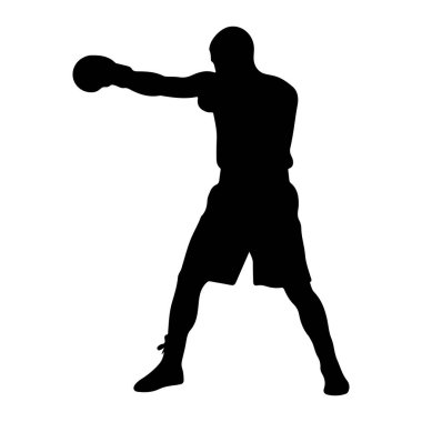 Siyah bir siluet, beyaz bir arka plana yumruk atan bir erkek boksör silueti. Boksör şort ve boks eldiveni giyiyor ve bir kolu ileri doğru hareket ediyor. Duruşu geniş, hazır ve güçlü olduğunu gösteriyor..