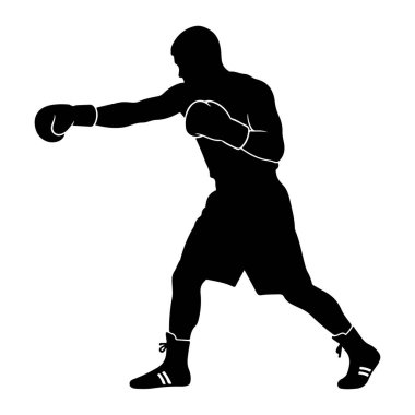 Yumruğun ortasında siyah bir boksör silueti. Boksör boks eldiveni, şort ve yüksek boks ayakkabısı giyiyor. Şekil dinamik bir pozla tasvir edilmiş, hareket ve eylemi işaret ediyor. Arkaplan düz beyaz.
