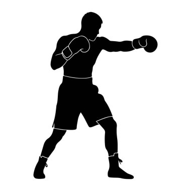 Siyah bir siluet, beyaz bir arka plana yumruk atan bir erkek boksör silueti. Boksör boks eldiveni, şort ve ayakkabı giyiyor. Şekil dinamik bir pozla tasvir edilmiş, hareket ve eylemi işaret ediyor. Boksörün ana hatları keskin ve net., 