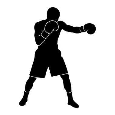 Yumruğun ortasında siyah bir boksör silueti. Boksör boks eldiveni, şort ve çorap giyiyor. Şekil dinamik bir pozla tasvir edilmiş, hareket ve eylemi işaret ediyor. Arkaplan düz beyaz.