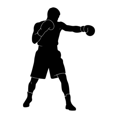 Yumruğun ortasında siyah bir erkek boksör silueti. Boks eldiveni ve şort giyiyor, vücudu öne dönük ve sağ kolu yumruk hareketiyle uzatılmış. Arka plan bembeyaz..
