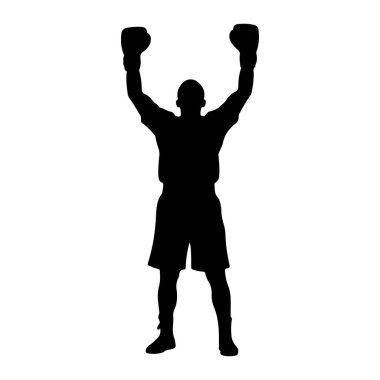 Siyah bir boksör silueti kollarını zaferle kaldırmış duruyor. Boksör şort ve boks eldiveni giyiyor. Arkaplan düz beyaz.