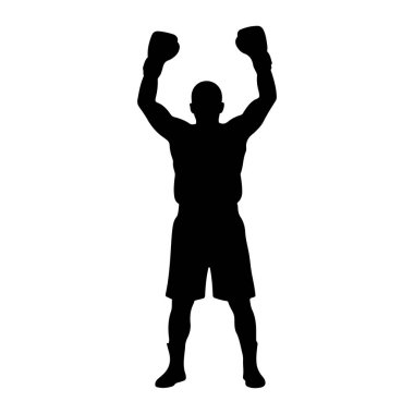 Kaslı bir boksörün siyah silueti kollarını zaferle kaldırmış duruyor. Boks eldiveni ve şort giyiyor. Arka plan bembeyaz..