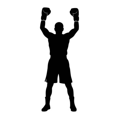 Siyah bir boksör silueti kollarını zaferle kaldırmış duruyor. Boksör boks eldiveni, şort ve bot giyiyor. Şekil beyaz bir arkaplanda izole edilmiştir..