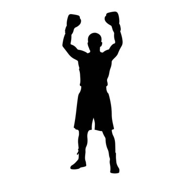 Siyah bir erkek boksör silueti kollarını başının üstüne kaldırmış, yumruklarını boks eldivenlerine sıkıştırmış. O şort ve spor ayakkabıları giyiyor. Bu figür, sade beyaz bir arkaplan karşısında izole edilmiş, zafer hissini iletiyor ve...