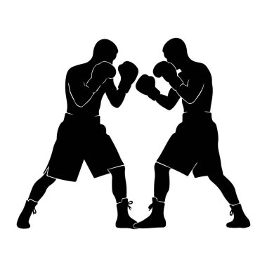İki siluetli boksör figürü bir boks duruşunda karşı karşıya duruyorlar. Boks şortu ve eldiven giyiyorlar. Görüntü, dinamik pozları ve yoğunluğu vurgulayan beyaz arkaplana karşı katıksız siyah beyaz bir illüstrasyondur. 