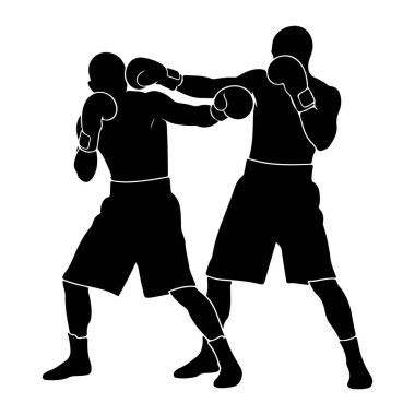Kavga eden iki boksörün siyah silueti. Boksörlerden biri savunurken diğeri yumruk atıyor. İkisi de boks eldiveni ve şort giyiyor. Görüntü açık ve net, beyaz arkaplanı var..