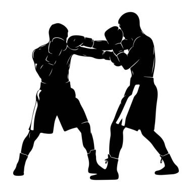 Kavga eden iki boksörün siyah silueti. Bir boksör diğerini savunmak için yumruk atıyor. İkisi de boks eldiveni ve şort giyiyor. Görüntü, beyaz arkaplana karşı katıksız siyah beyaz bir illüstrasyondur.